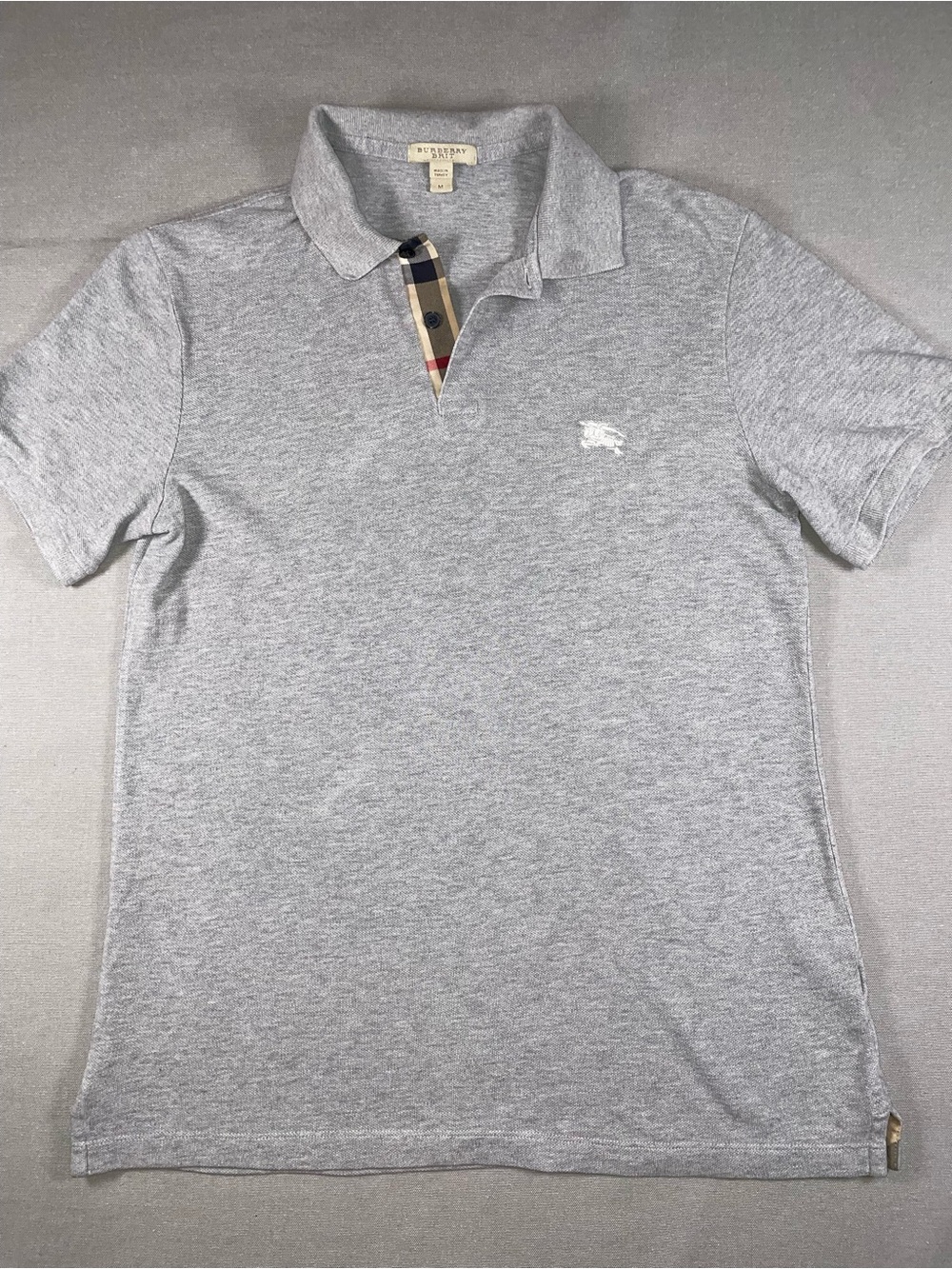 Burberry Brit Men’s Grey Cotton Pique Polo Shirt Nova Check Placket Sz M